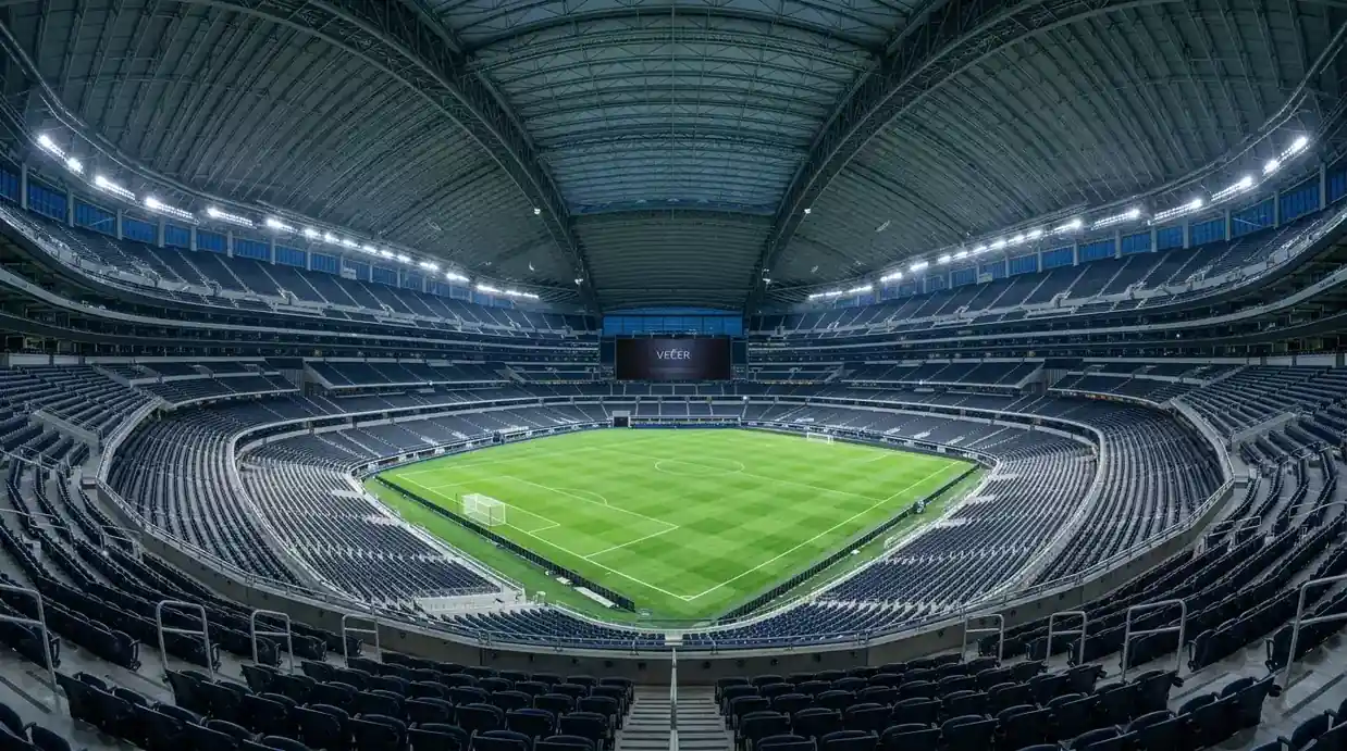 Prázdný fotbalový stadion s uzavřenou střechou a nasvícenou hrací plochou před večerním výkopem