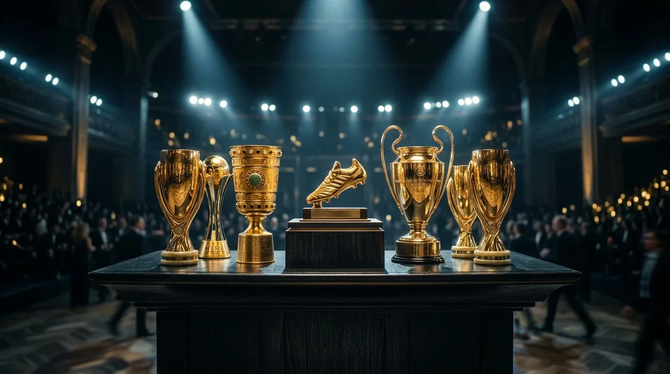Zlaté fotbalové trofeje a individuální hráčská cena na podstavci pod bodovými světly v tmavém sále
