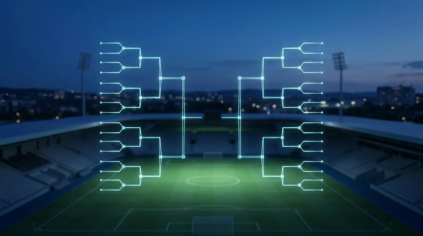 Symbolické zobrazení vyřazovacího pavouku mistrovství světa nad večerním fotbalovým stadionem