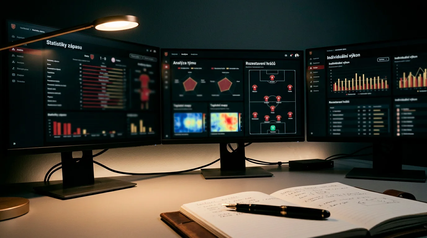 Analytik sleduje fotbalové statistiky a data na obrazovce
