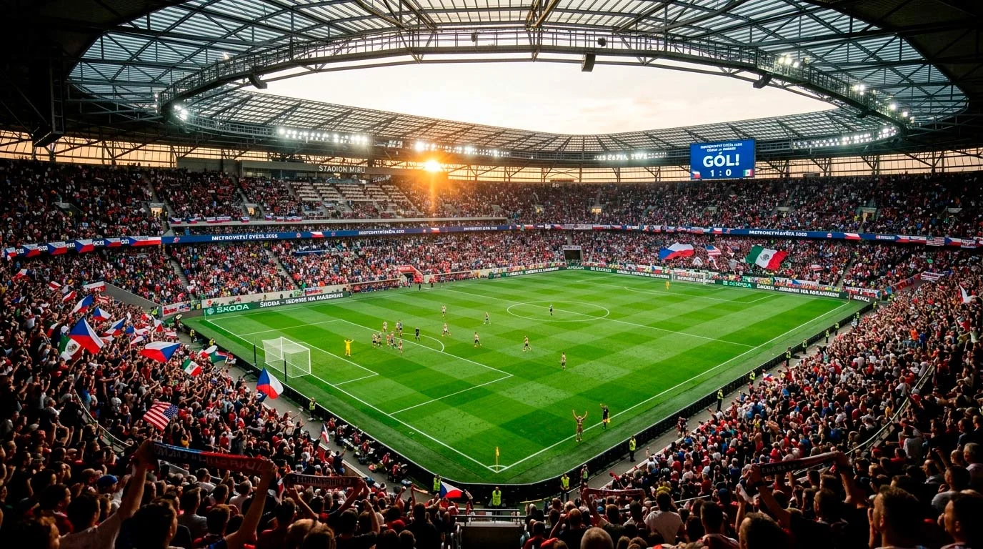 Stadion na mistrovství světa ve fotbale 2026 s fanoušky a vlajkami účastnických zemí