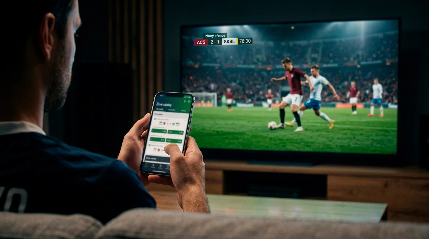 Mobilní telefon se sázkovou aplikací a fotbalovým zápasem v pozadí
