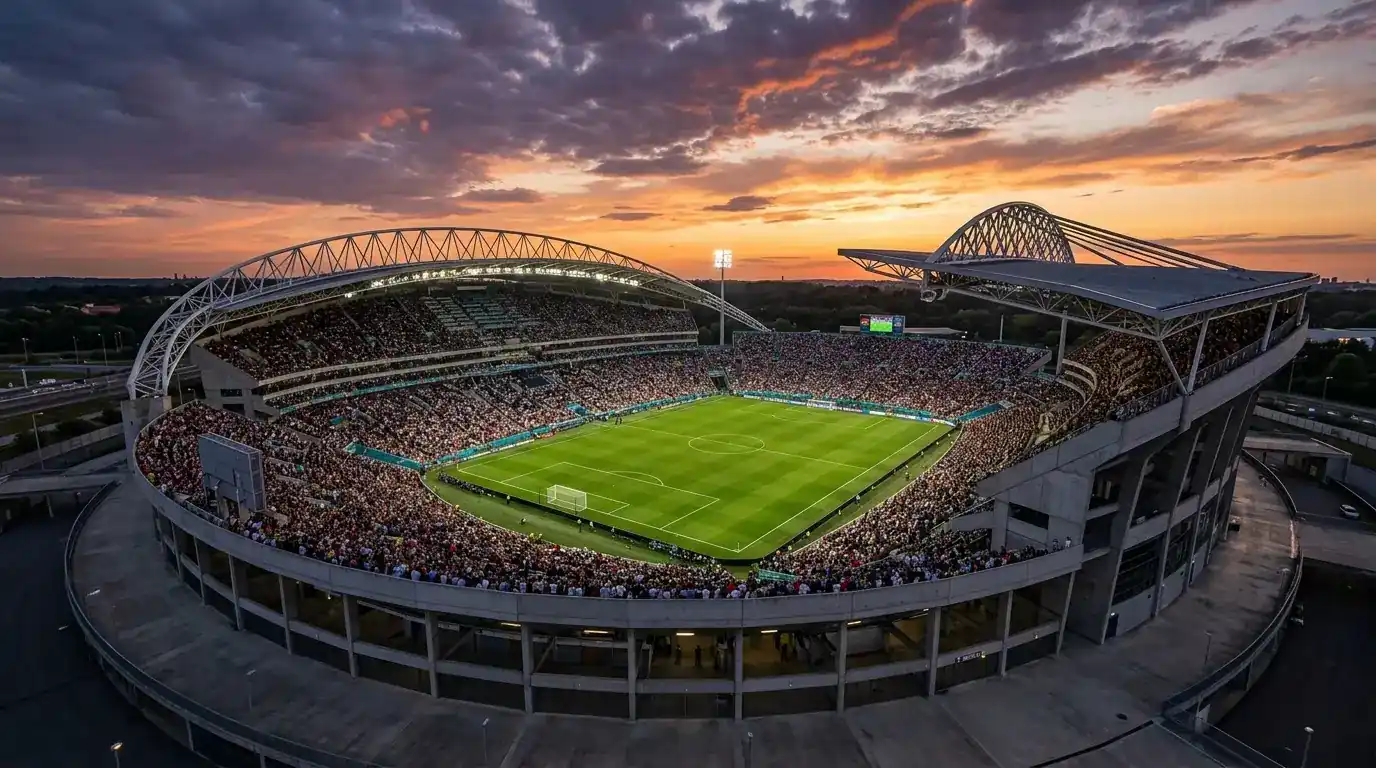 Otevřený moderní stadion při západu slunce zaplněný diváky před vrcholným zápasem