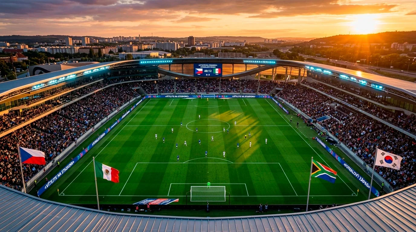 Skupina A na mistrovství světa 2026 s českými barvami na pozadí stadionu Estadio Azteca