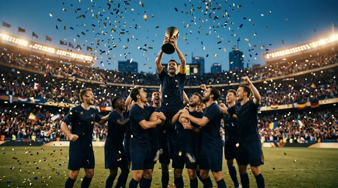 Fotbalisté v tmavém dresu zvedají trofej za vítězství na mistrovství světa pod konfetami ve vyprodaném stadionu